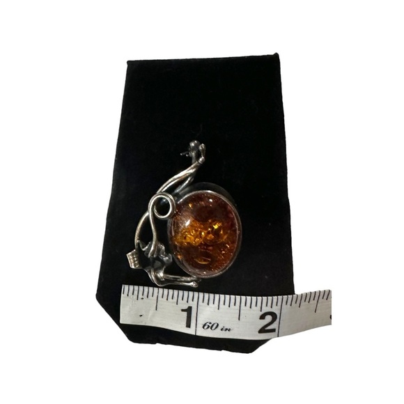 Vtg Signed M 925 Sterling Silver Natural Amber Cabochon Floral Brooch Pin 2” 13g - Picture 8 of 16